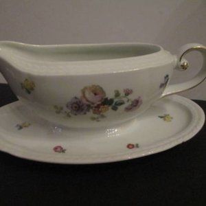Vintage Thomas Bavaria Gravy Boat with rose design and attached plate